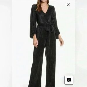 Eliza J. Long Sleeve Open Back Metallic Black Jumpsuit